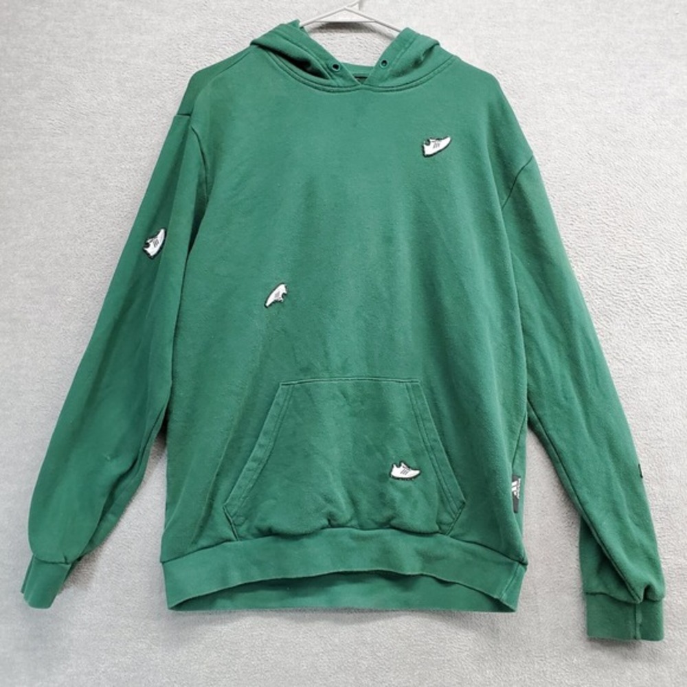 Adidas Men Sweatshirt Medium Green Hoodie Logo Shoe Patch Terry Undeniable